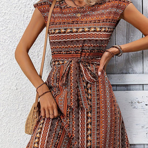 Spring and summer ethnic style watermark striped dress with belt A - shaped skirt three - quarter sleeve medium dress - Negative Apparel