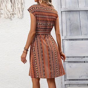Spring and summer ethnic style watermark striped dress with belt A - shaped skirt three - quarter sleeve medium dress - Negative Apparel
