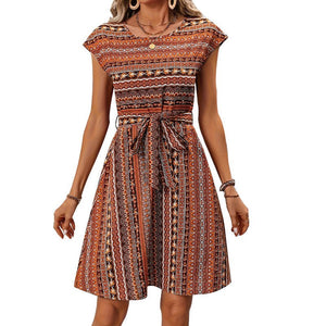 Spring and summer ethnic style watermark striped dress with belt A - shaped skirt three - quarter sleeve medium dress - Negative Apparel