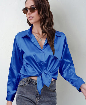 spring and summer new style satin satin shirt female imitation silk long - sleeved shirt - Negative Apparel