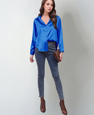 spring and summer new style satin satin shirt female imitation silk long - sleeved shirt - Negative Apparel