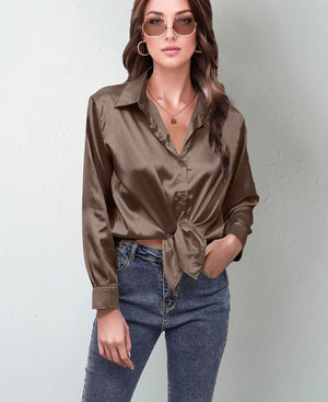 spring and summer new style satin satin shirt female imitation silk long - sleeved shirt - Negative Apparel