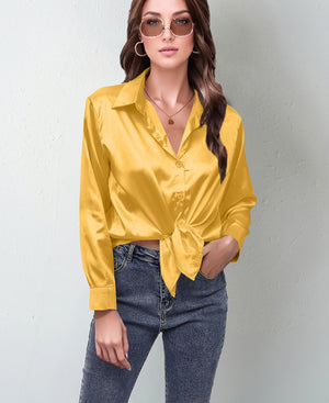 spring and summer new style satin satin shirt female imitation silk long - sleeved shirt - Negative Apparel