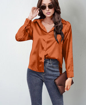spring and summer new style satin satin shirt female imitation silk long - sleeved shirt - Negative Apparel