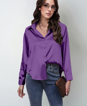 spring and summer new style satin satin shirt female imitation silk long - sleeved shirt - Negative Apparel