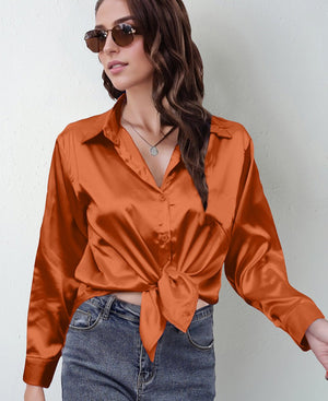 spring and summer new style satin satin shirt female imitation silk long - sleeved shirt - Negative Apparel
