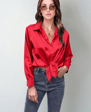 spring and summer new style satin satin shirt female imitation silk long - sleeved shirt - Negative Apparel