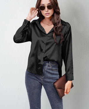 spring and summer new style satin satin shirt female imitation silk long - sleeved shirt - Negative Apparel