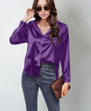 spring and summer new style satin satin shirt female imitation silk long - sleeved shirt - Negative Apparel