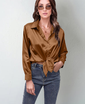 spring and summer new style satin satin shirt female imitation silk long - sleeved shirt - Negative Apparel