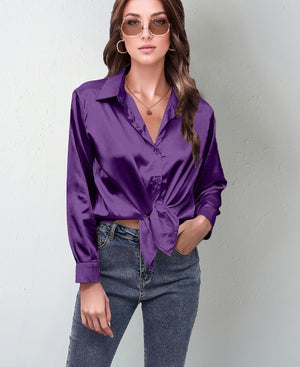 spring and summer new style satin satin shirt female imitation silk long - sleeved shirt - Negative Apparel