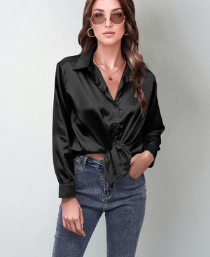 spring and summer new style satin satin shirt female imitation silk long - sleeved shirt - Negative Apparel