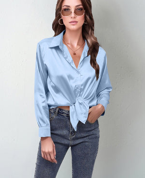 spring and summer new style satin satin shirt female imitation silk long - sleeved shirt - Negative Apparel
