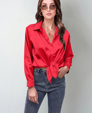 spring and summer new style satin satin shirt female imitation silk long - sleeved shirt - Negative Apparel