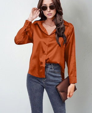spring and summer new style satin satin shirt female imitation silk long - sleeved shirt - Negative Apparel