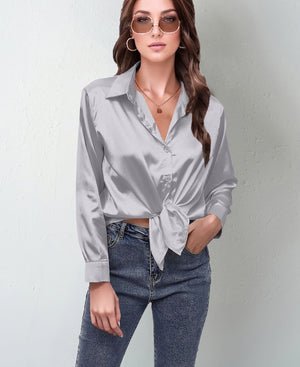 spring and summer new style satin satin shirt female imitation silk long - sleeved shirt - Negative Apparel