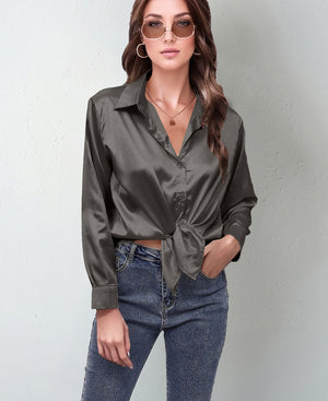 spring and summer new style satin satin shirt female imitation silk long - sleeved shirt - Negative Apparel