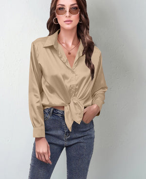 spring and summer new style satin satin shirt female imitation silk long - sleeved shirt - Negative Apparel