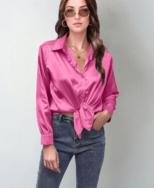 spring and summer new style satin satin shirt female imitation silk long - sleeved shirt - Negative Apparel