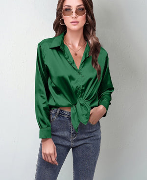 spring and summer new style satin satin shirt female imitation silk long - sleeved shirt - Negative Apparel