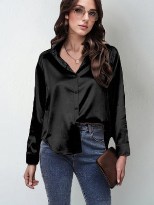 spring and summer new style satin satin shirt female imitation silk long - sleeved shirt - Negative Apparel