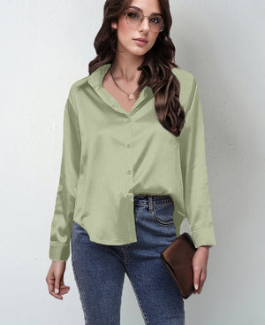 spring and summer new style satin satin shirt female imitation silk long - sleeved shirt - Negative Apparel