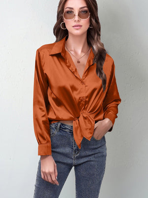 spring and summer new style satin satin shirt female imitation silk long - sleeved shirt - Negative Apparel