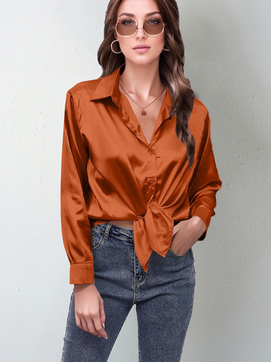 spring and summer new style satin satin shirt female imitation silk long - sleeved shirt - Negative Apparel