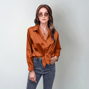 spring and summer new style satin satin shirt female imitation silk long - sleeved shirt - Negative Apparel