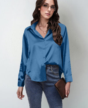 spring and summer new style satin satin shirt female imitation silk long - sleeved shirt - Negative Apparel
