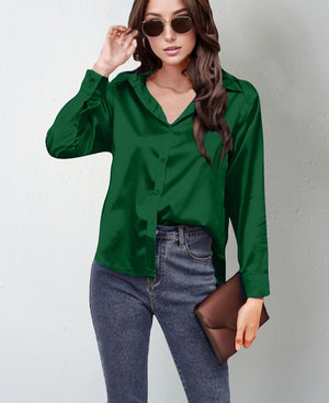 spring and summer new style satin satin shirt female imitation silk long - sleeved shirt - Negative Apparel