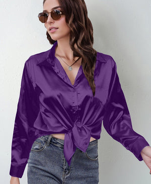spring and summer new style satin satin shirt female imitation silk long - sleeved shirt - Negative Apparel