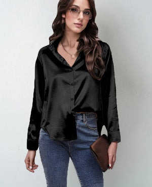 spring and summer new style satin satin shirt female imitation silk long - sleeved shirt - Negative Apparel