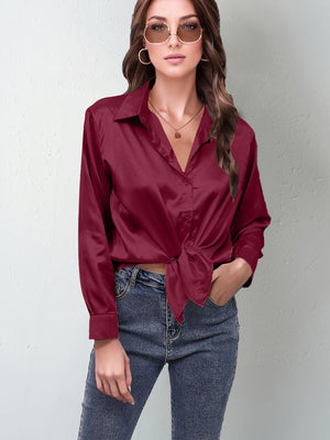 spring and summer new style satin satin shirt female imitation silk long - sleeved shirt - Negative Apparel
