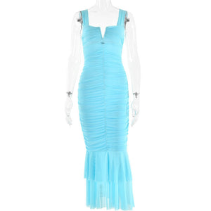 Spring and summer sling stitching dress tight pleated fishtail dress - Negative Apparel