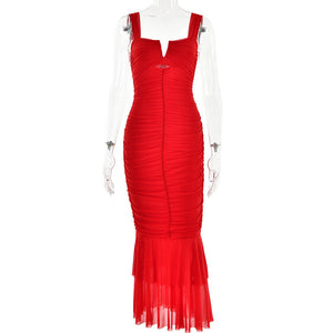 Spring and summer sling stitching dress tight pleated fishtail dress - Negative Apparel