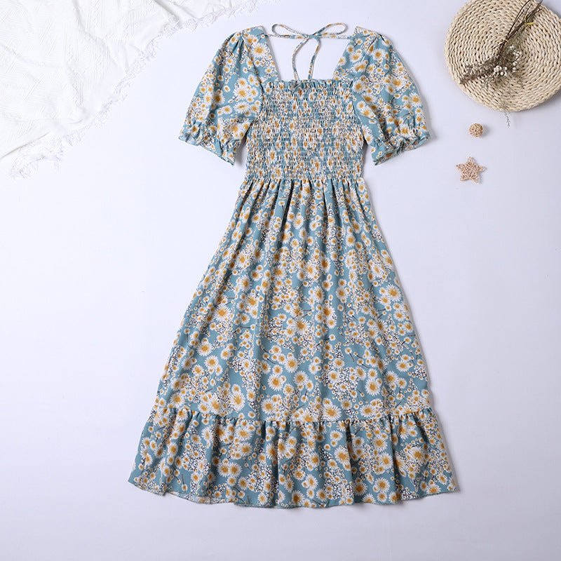 Spring and summer small fresh square neck lace dress short sleeve French floral bubble sleeve medium and long dress women - Negative Apparel