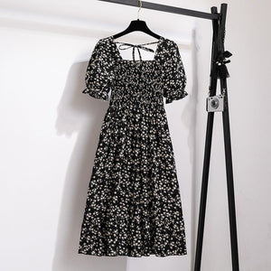 Spring and summer small fresh square neck lace dress short sleeve French floral bubble sleeve medium and long dress women - Negative Apparel