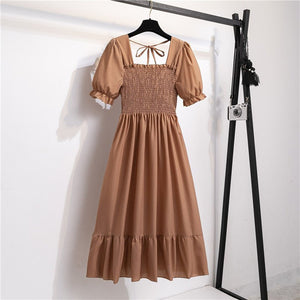 Spring and summer small fresh square neck lace dress short sleeve French floral bubble sleeve medium and long dress women - Negative Apparel