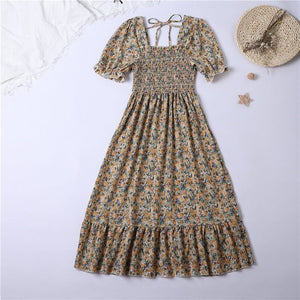 Spring and summer small fresh square neck lace dress short sleeve French floral bubble sleeve medium and long dress women - Negative Apparel