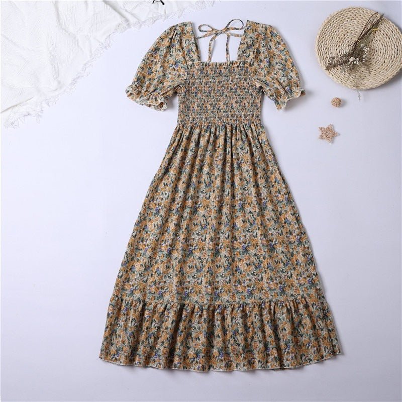 Spring and summer small fresh square neck lace dress short sleeve French floral bubble sleeve medium and long dress women - Negative Apparel