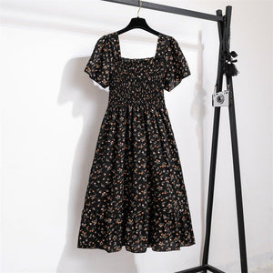 Spring and summer small fresh square neck lace dress short sleeve French floral bubble sleeve medium and long dress women - Negative Apparel