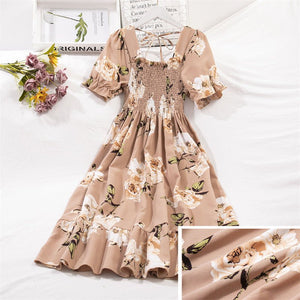 Spring and summer small fresh square neck lace dress short sleeve French floral bubble sleeve medium and long dress women - Negative Apparel