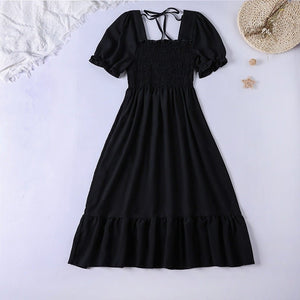 Spring and summer small fresh square neck lace dress short sleeve French floral bubble sleeve medium and long dress women - Negative Apparel
