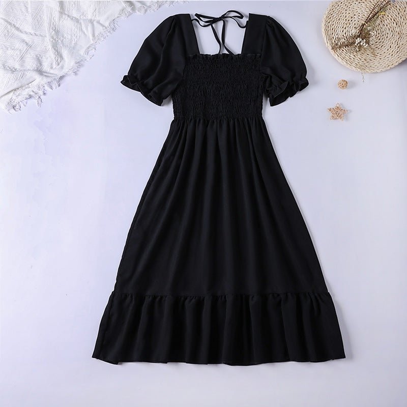 Spring and summer small fresh square neck lace dress short sleeve French floral bubble sleeve medium and long dress women - Negative Apparel