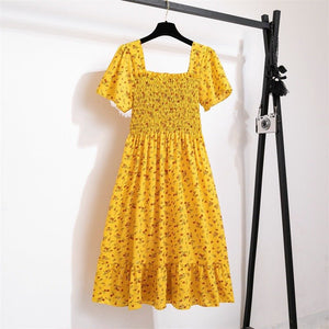 Spring and summer small fresh square neck lace dress short sleeve French floral bubble sleeve medium and long dress women - Negative Apparel