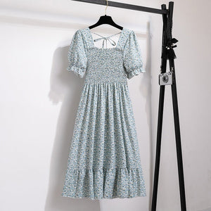 Spring and summer small fresh square neck lace dress short sleeve French floral bubble sleeve medium and long dress women - Negative Apparel