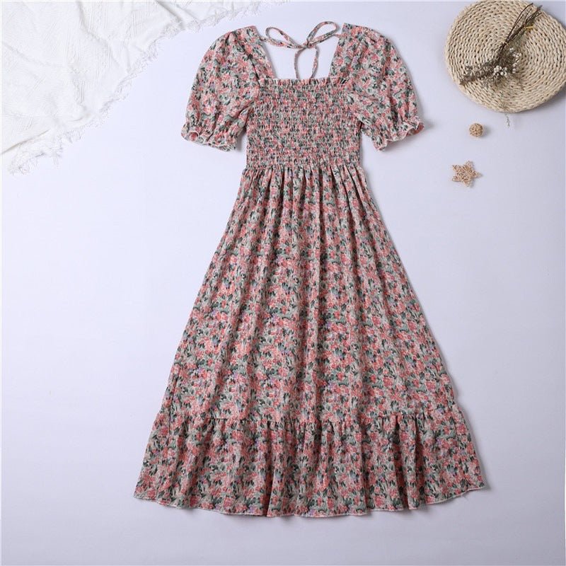 Spring and summer small fresh square neck lace dress short sleeve French floral bubble sleeve medium and long dress women - Negative Apparel