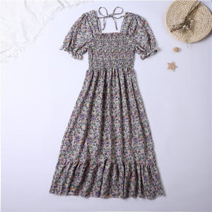 Spring and summer small fresh square neck lace dress short sleeve French floral bubble sleeve medium and long dress women - Negative Apparel