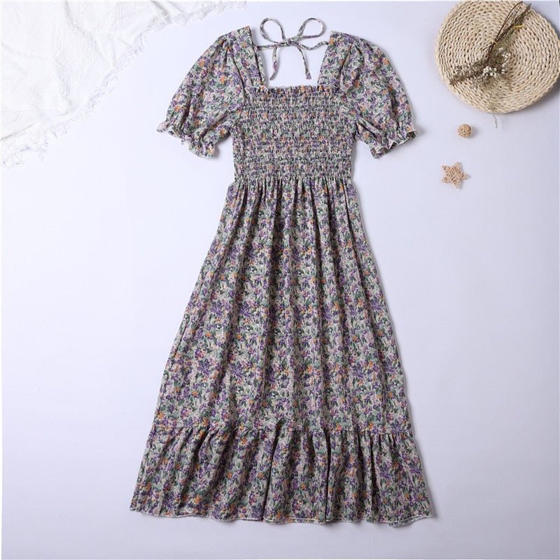 Spring and summer small fresh square neck lace dress short sleeve French floral bubble sleeve medium and long dress women - Negative Apparel